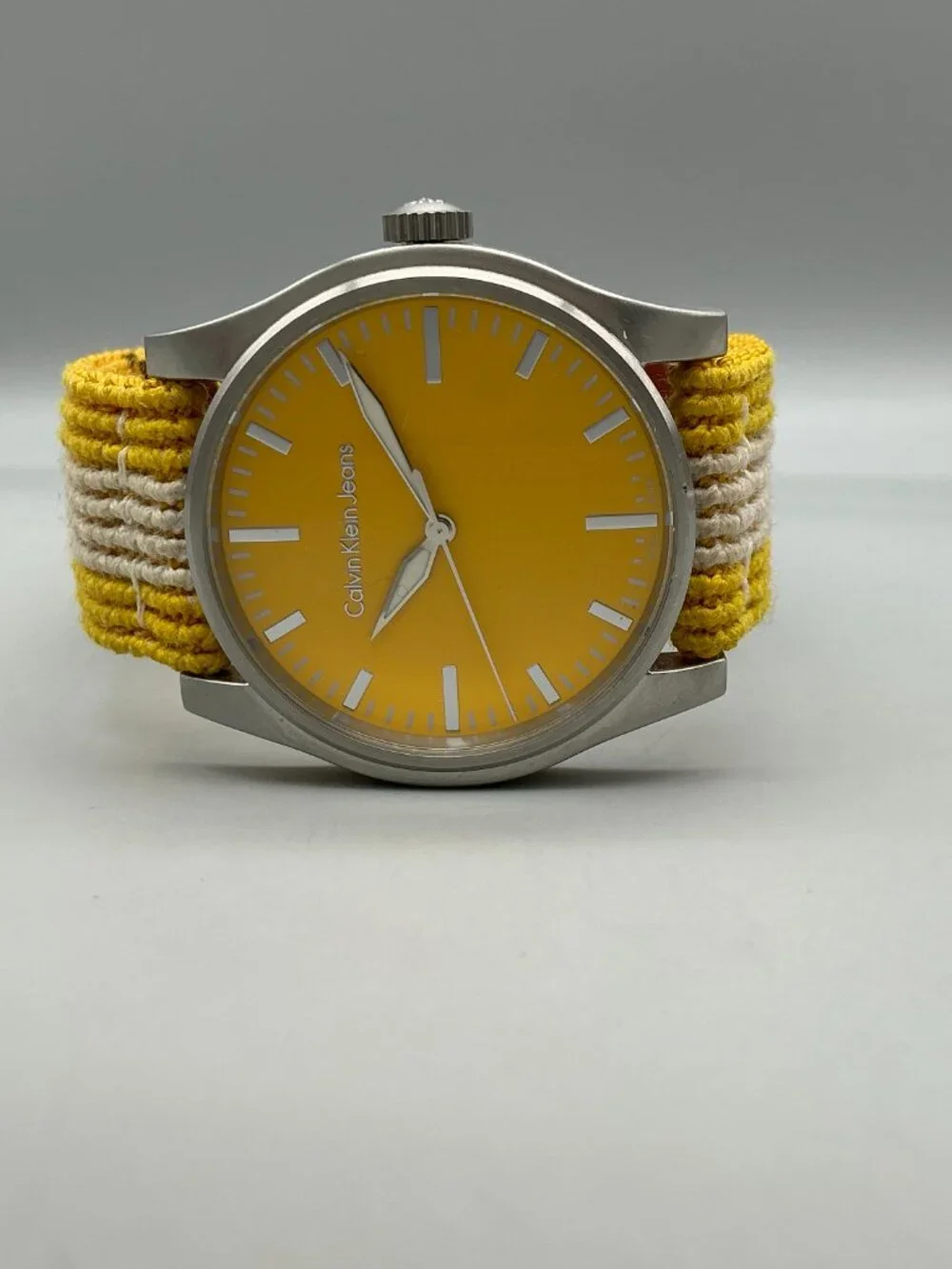 Calvin Klein Jeans Commerce Root Mens Watch Silver Tone Yellow New Battery